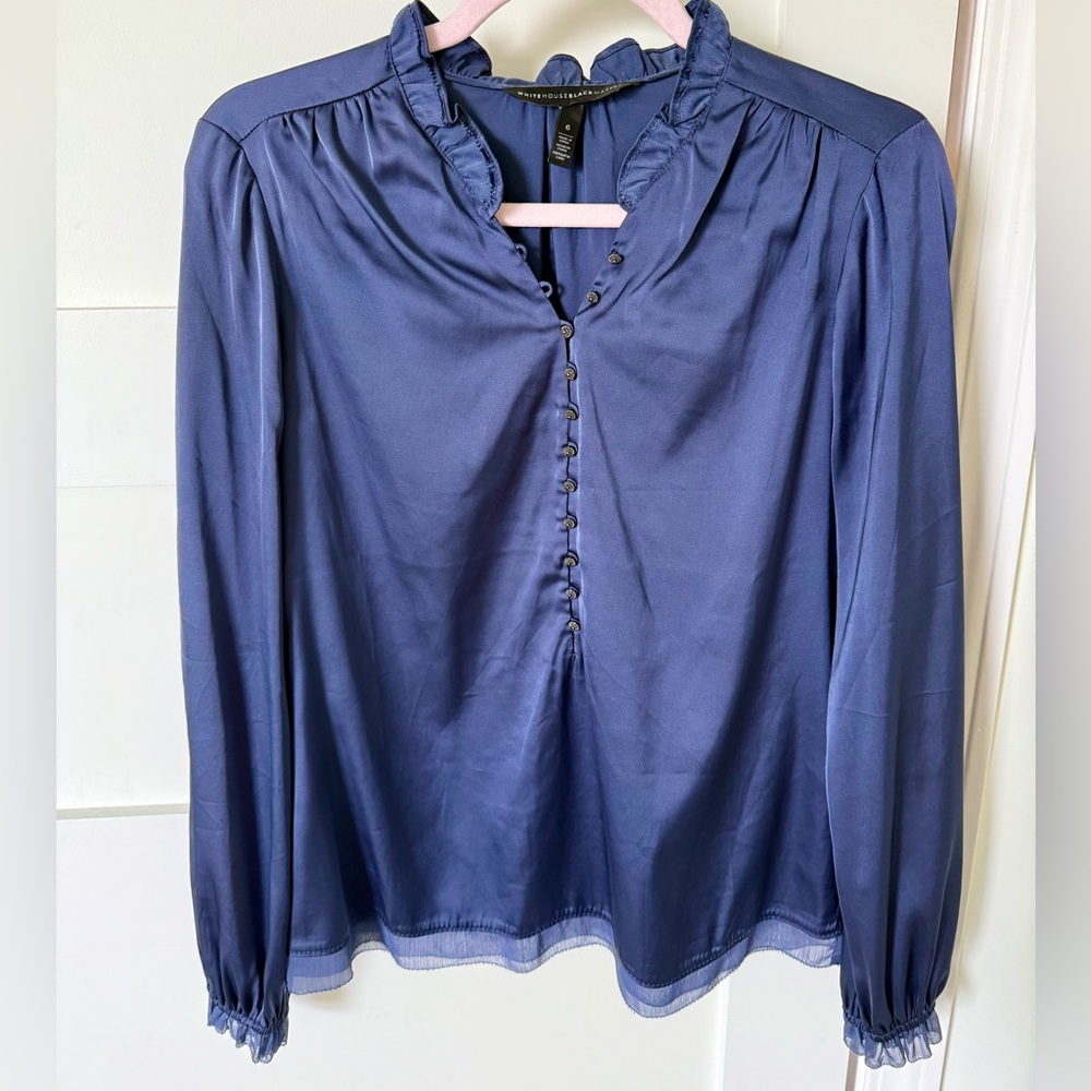 White House Black Market Satin Button-Down Blouse in Deep Blue